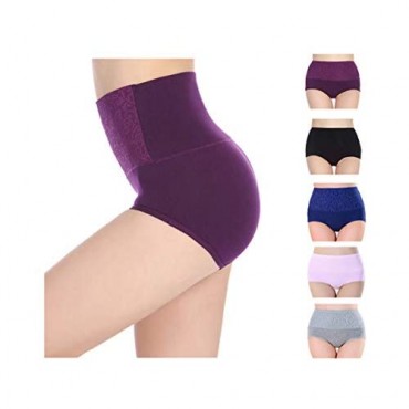 Lashapear Womens High Waist Underwear Solid Color Tummy Control Cotton Brief Panties 3/5 Pack