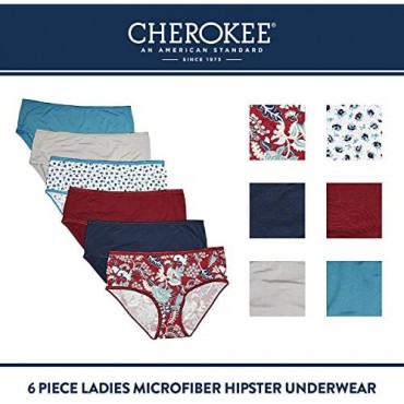 CHEROKEE Women's 6-Pack Microfiber Hipster Panties Underwear Floral Print Large