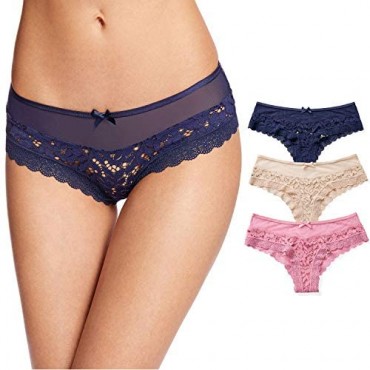 DOBREVA Women's 3 Pack Floral Lace Underwear Sexy Mesh Hipster Cheeky Panties