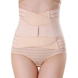 GLAMORAS Women's Postpartum Recovery Belly Band Waist Trainer Cincher Trimmer Tummy Control Slimming Body Shaper Shapewear Belt (Beige Fits Upto Size 36)