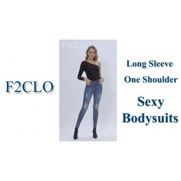 F2CLO Womens Sexy One Shoulder Long Sleeve Bodysuit Tops Scoop Neck Jumpsuits