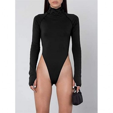 GEMBERA Women's High Cut Long Sleeve Turtleneck Neon Bodysuit Thong Leotard