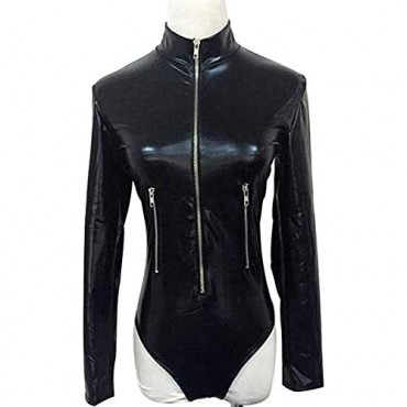 Miracle Womens Leather Bodysuit Long Sleeve Zip Front Wetlook Vinyl PU Teddy Lingerie