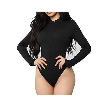 Roselux Womens Sexy Long Sleeves Front Zip Bodysuits Ribbed Knit Neon Bodysuit Leotard Top Clubwear