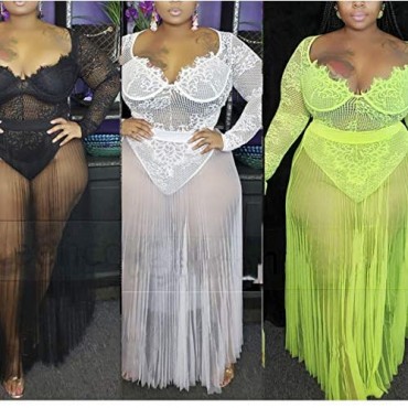 Sexy Plus Size 2 Piece Outfits - Long Sleeve See Through Lace Bodysuit Tops + Sheer Mesh Flowy Long Dress Sets Overlay