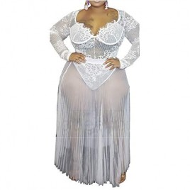 Sexy Plus Size 2 Piece Outfits - Long Sleeve See Through Lace Bodysuit Tops + Sheer Mesh Flowy Long Dress Sets Overlay