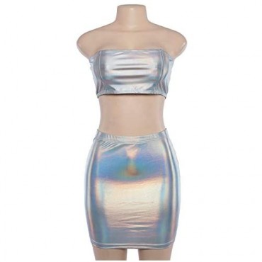 Velius Women's Metallic Shiny Off Shoulder Crop Top + Mini Dress Two Piece Outfit Set