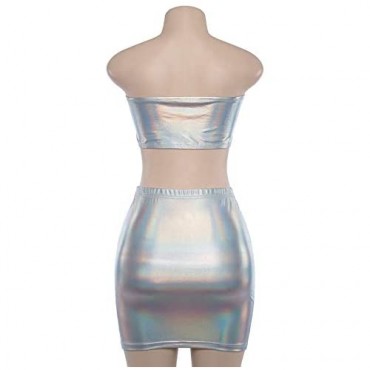 Velius Women's Metallic Shiny Off Shoulder Crop Top + Mini Dress Two Piece Outfit Set