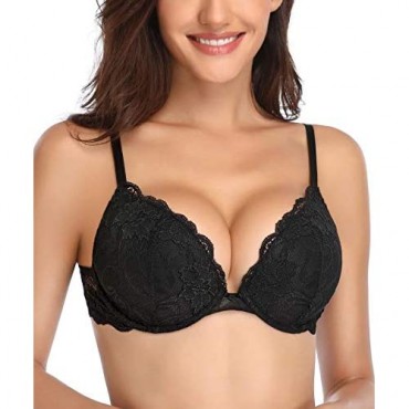 Deyllo Women’s Push Up Lace Bra Comfort Padded Underwire Bra Lift Up Add One Cup