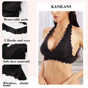 KANILANS Women Halter Lace Bralette Deep V Lace Bra with Removable Padded Wirefree Lingerie Backless Crop Top
