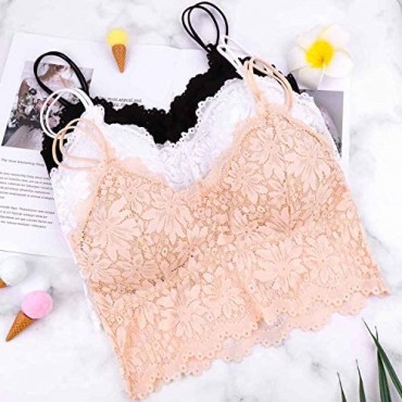 PAXCOO 3 Pcs Lace Bralette for Women Lace Bralette Padded Lace Bandeau Bra with Straps for Women Girls
