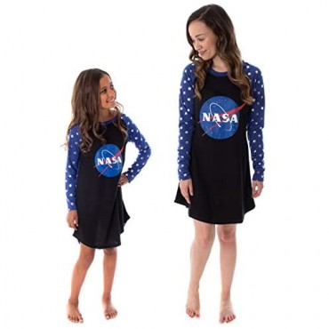 NASA Meatball Logo Women's Juniors' Silver Stars Raglan Nightgown Sleep Shirt Pajama Top