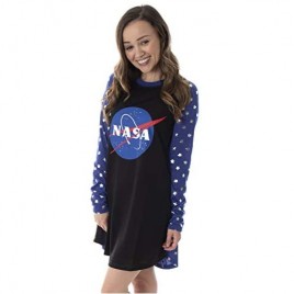 NASA Meatball Logo Women's Juniors' Silver Stars Raglan Nightgown Sleep Shirt Pajama Top