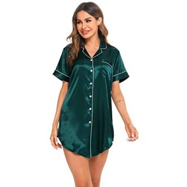 SWOMOG Women's Satin Sleepshirt Short Sleeve Nightgown Button Down Boyfriend Style Sleepwear Silk Nighty