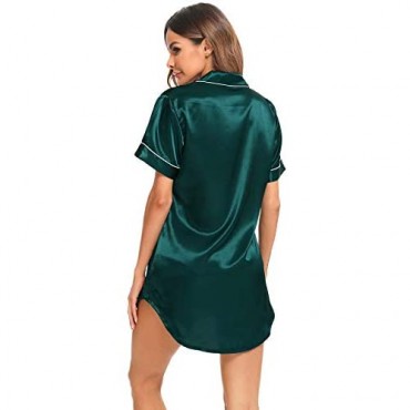 SWOMOG Women's Satin Sleepshirt Short Sleeve Nightgown Button Down Boyfriend Style Sleepwear Silk Nighty