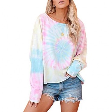 Womens Tie Dye Sweatshirts Crew Neck Long Sleeve Casual Loose Fit Pullover Tops