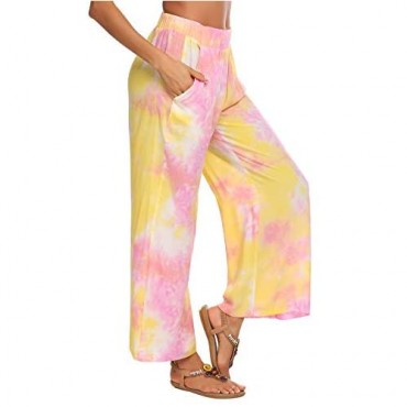 Ekouaer Women's Comfy Wide Leg Jogger Yoga Pants Palazzo Harem Smocked Waist Lounge Pants Stretch Print Fold Pants