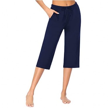 Ekouaer Women's Pajama Pants Comfy Lounge Capri Drawstring Pj Bottoms with Pockets Elastic Sleep Capris Soft Sleepwear
