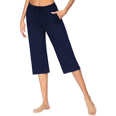 Ekouaer Women's Pajama Pants Comfy Lounge Capri Drawstring Pj Bottoms with Pockets Elastic Sleep Capris Soft Sleepwear
