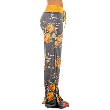 iChunhua Women's Comfy Stretch Floral Print Drawstring Palazzo Wide Leg Lounge Pant