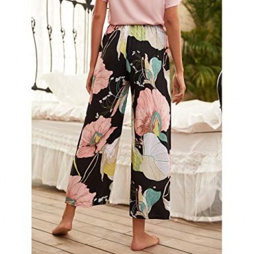 Milumia Women Casual Floral Print Bow Front Elastic Waist Wide Leg Sleepwear Pajama Pants