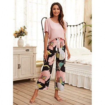 Milumia Women Casual Floral Print Bow Front Elastic Waist Wide Leg Sleepwear Pajama Pants