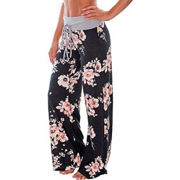 ROSA JUNIO Comfy Pajama Pants for Women Casual Drawstring Floral Palazzo Lounge Pants Stretch Wide Leg Bottoms…