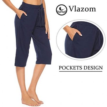 Vlazom 100% Cotton Women's Pajama Bottoms Capri Lounge Pants Casual Cropped Pjs Trouser with Pockets & Drawstring