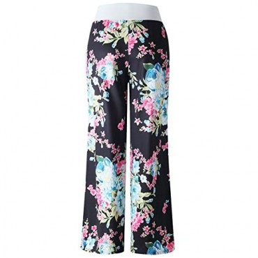 X-Image Women's Comfy Casual Lounge Pants Floral Print Drawstring Palazzo Wide Leg Pajama Pants