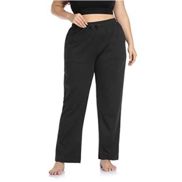 ZERDOCEAN Women's Plus Size Cotton Casual Lounge Pants Drawstring Pajama Pants Bottoms Straight Leg with Pockets