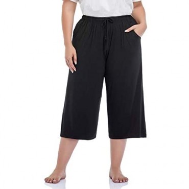 ZERDOCEAN Women's Plus Size Wide Leg Casual Lounge Pants Comfy Capris Relaxed Pajama Bottoms Drawstring Pockets