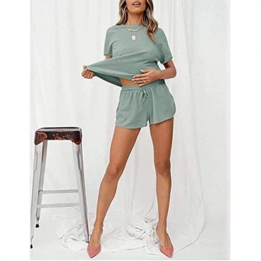2 Piece Pajamas Set For Summer Waffle Knit Short Sleeve Top and Shorts Loungewear Athletic Tracksuits with Pockets