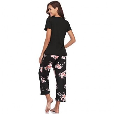 Aibrou Womens Capri Pajama Set Printed Short Sleeve Pajamas with Pocket Capri Lounge Pants