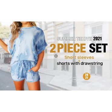 ANRABESS Women Tie Dye Outfit Two Piece Crewneck Short Sleeves Top with Elastic Waist Shorts Loose Tracksuit with Pockets
