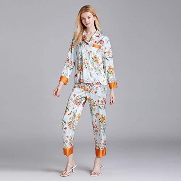 Belle Heure Women’s Silk Satin Classic Long Sleeve Pajamas Button Down Silky Floral Animals Pattern Set Loungewear Sleepwear