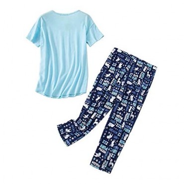 CHUNG Women Cotton Pajama Sets Sleepwear pjs Short Sleeve Shirt Capri Pants with Cute Vivid Print
