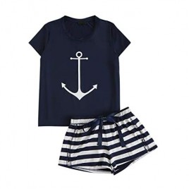 DIDK Women's Anchor Print Tee and Striped Shorts Pajama Set