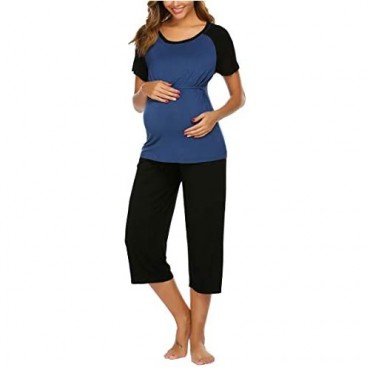 Ekouaer Double Layers Labor/Delivery/Nursing Maternity Pajamas Capri Set Baseball Shirt Adjustable Size