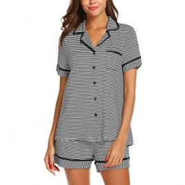 Ekouaer Pajamas Soft Striped Women's Short Sleeve Button Sleepwear Shorts Shirt PJ Set(S-XXL)