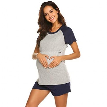 Ekouaer Women’s Maternity Nursing Pajamas for Hospital Short Raglan Sleeve Baseball Pregnancy Breastfeeding Sleepwear Set