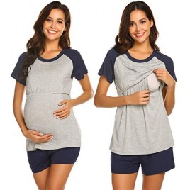Ekouaer Women’s Maternity Nursing Pajamas for Hospital Short Raglan Sleeve Baseball Pregnancy Breastfeeding Sleepwear Set