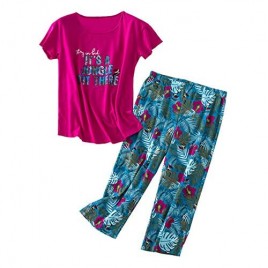 GTLY Women's Plus Size Pajama Sets Capri Pants with Short Tops Cotton Sleepwear Ladies Cute Cartoon Print Sleep Sets