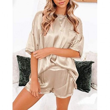 Kikibell Womens Silk Satin Pajamas Short Sleeve Loungewear Two-Piece Sleepwear Pj Set