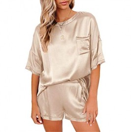 Kikibell Womens Silk Satin Pajamas Short Sleeve Loungewear Two-Piece Sleepwear Pj Set