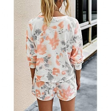 LOGENE Women's Tie Dye Print Pajamas Set Long Sleeve Tops with Shorts Lounge Sets Two Piece Loungewear with Pockets
