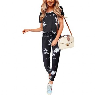 LOGENE Women's Two Piece Sweatsuits Short Sleeve Pullover Tops and Long Pants Lounge Sets Outfits