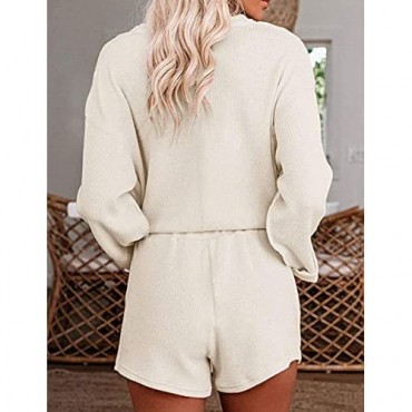 MEROKEETY Women's Long Sleeve Pajama Set Henley Knit Tops and Shorts Sleepwear Loungewear