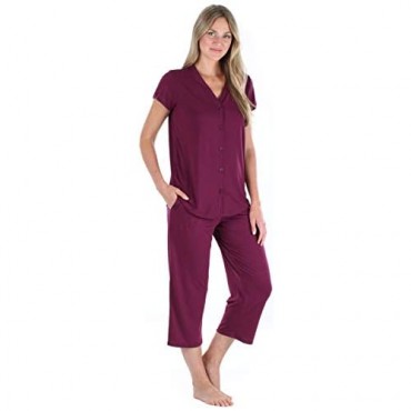PajamaMania Women's Sleepwear Stretchy Knit Short Sleeve Top and Capri Pant Pajama Set