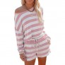 PRETTYGARDEN Women's Striped 2 Piece Outfits Off One Shoulder Pullover Tops Long Sleeve Short Pjs Loungewear with Pockets