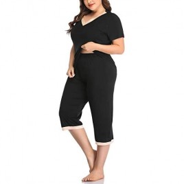 ZERDOCEAN Women's Plus Size Pajama Sets Sleepwear Short Sleeves Tops with Capri Pants Nightwear Pj Lounge Sets